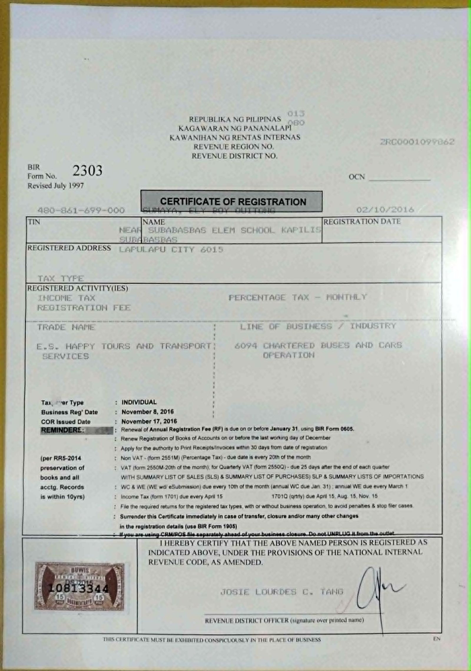 BIR certificate of registration, Form 2303
