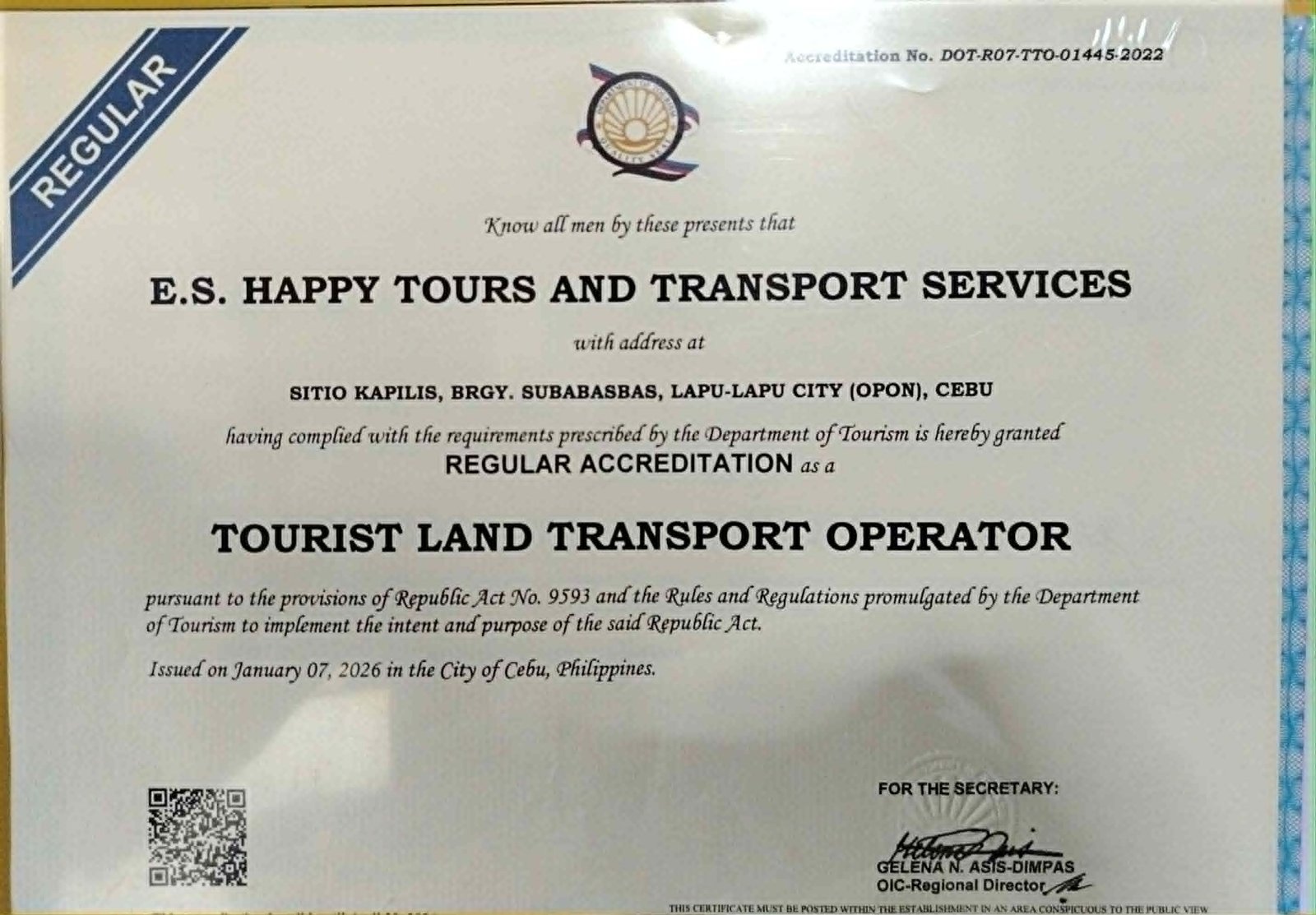 DOT accreditation for tourist land transport