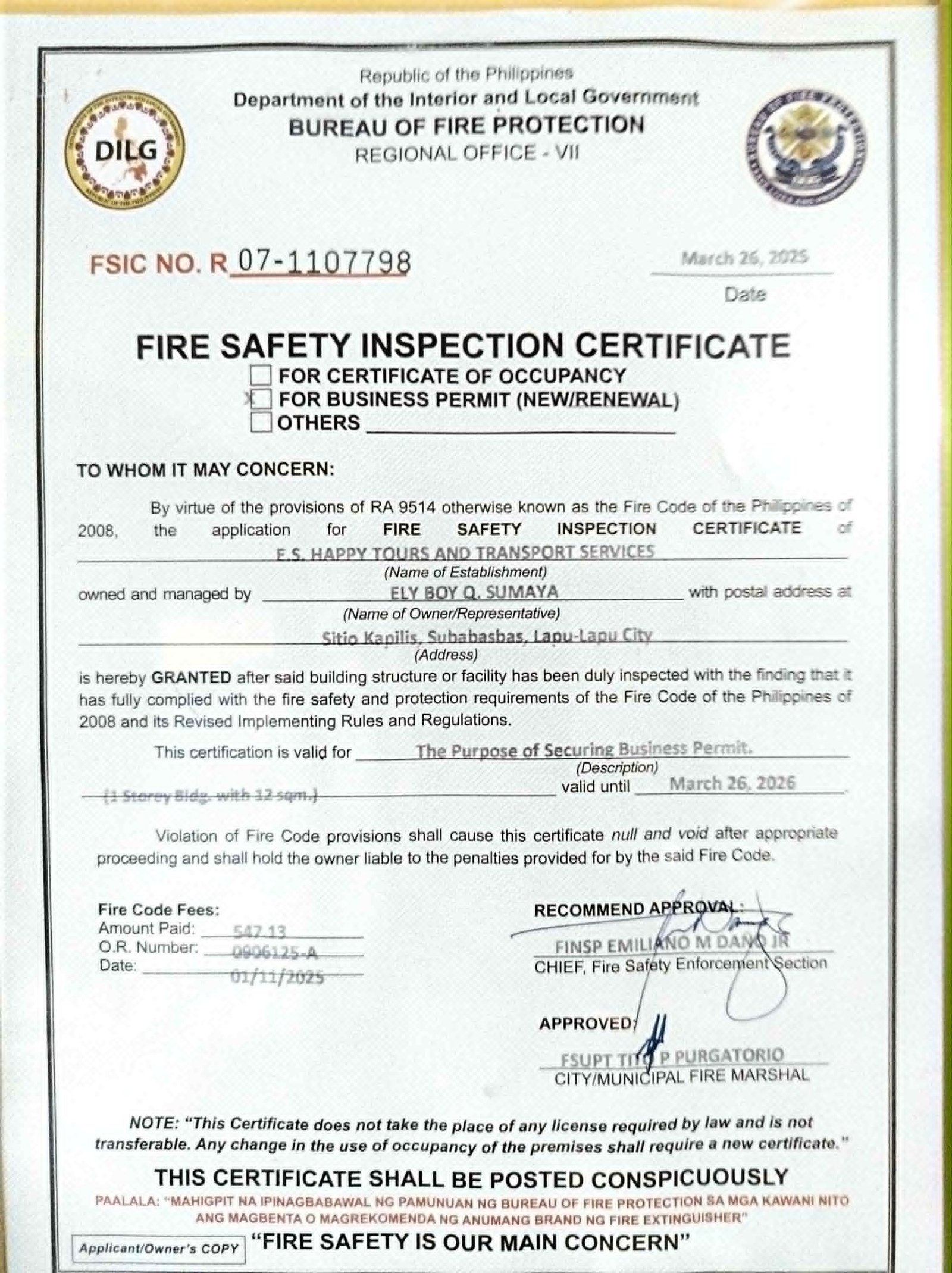Fire safety certificate