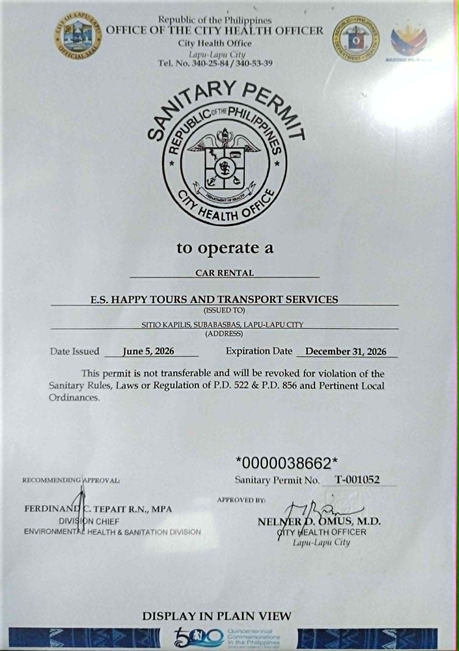 Sanitary permit
